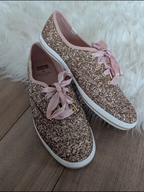 kate spade x Keds Pink Rose Gold Glitter Lace-Up Flats